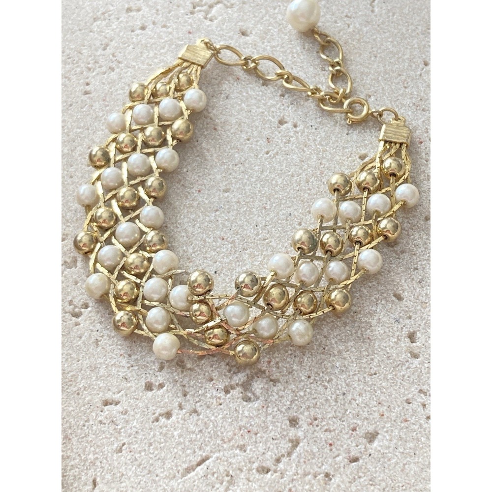 Vintage Gold Tone Faux Pearl Mesh Bracelet Multi Strand Statement Romantic